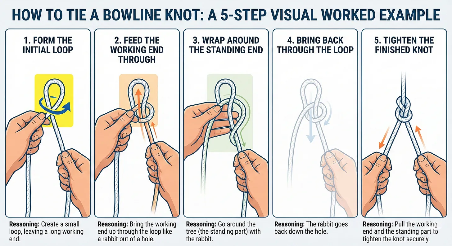 Nano Banana generated 5-step visual guide for tying a bowline knot