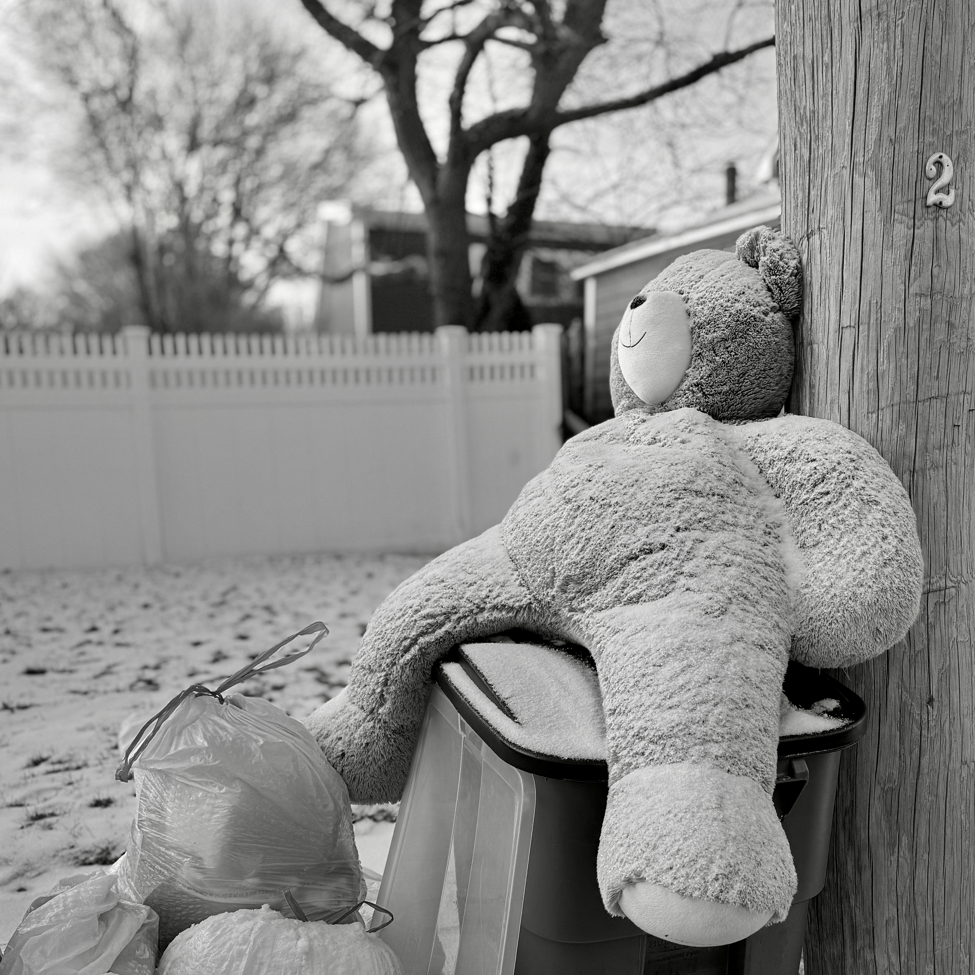 a teddy bear is sitting on a trash can